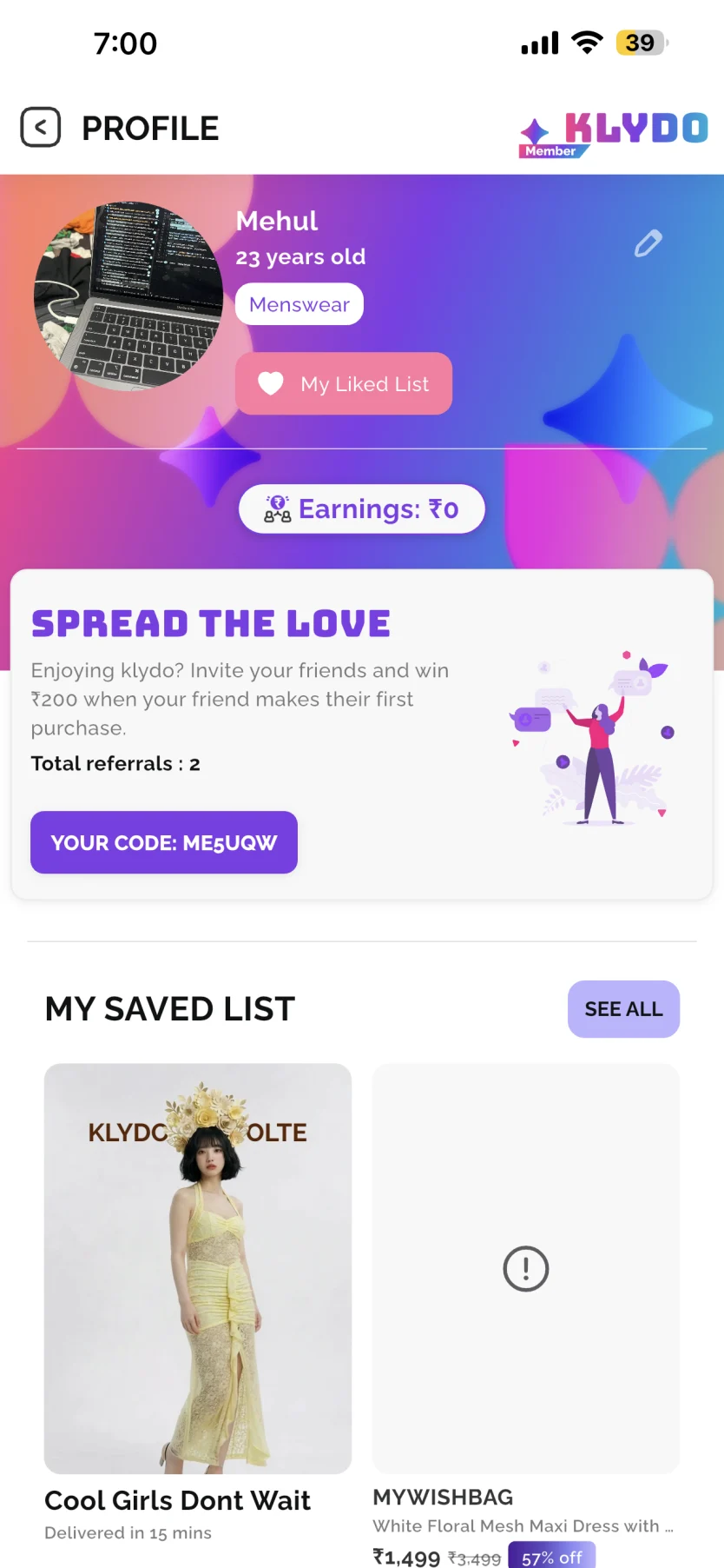 Klydo profile, referrals and saved products