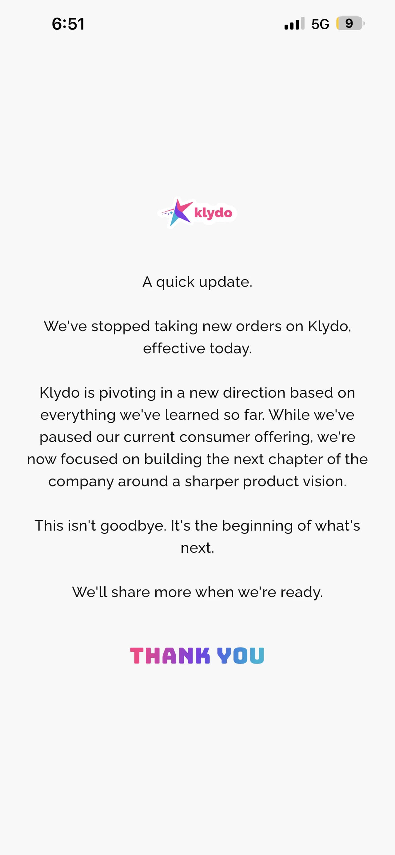 Klydo app notice announcing that new orders had stopped and the consumer offering was paused